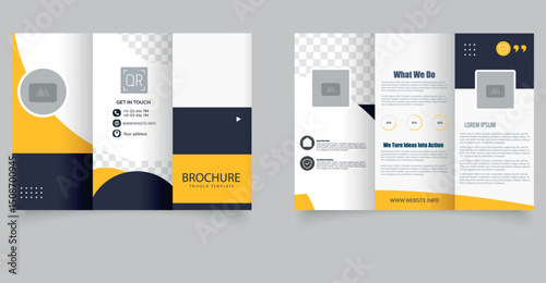 Bold and modern trifold brochure template in yellow and navy color scheme. Editable layout with placeholders, infographics, and contact section