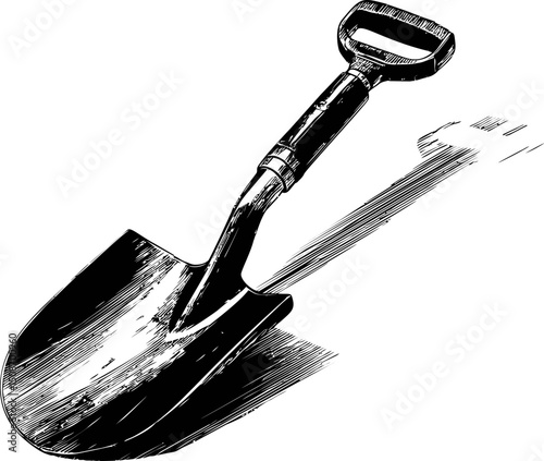 Wooden-handled shovel with shadow in black and white illustration style. Vector illustration