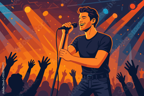 Vibrant rock concert singer on stage with microphone, energetic audience cheering, bright colorful lights, live music performance, festival crowd, modern entertainment event illustration