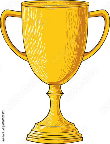 Gold trophy with handles in detailed sketch style, victory concept art. Vector illustration