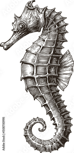 Detailed black ink illustration of a seahorse with textured body and curled tail. Vector illustration