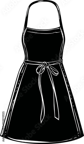 Black and white  of apron with bow tie, fashion design sketch. Vector illustration