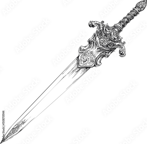 Intricately detailed medieval sword with ornate hilt. Vector illustration