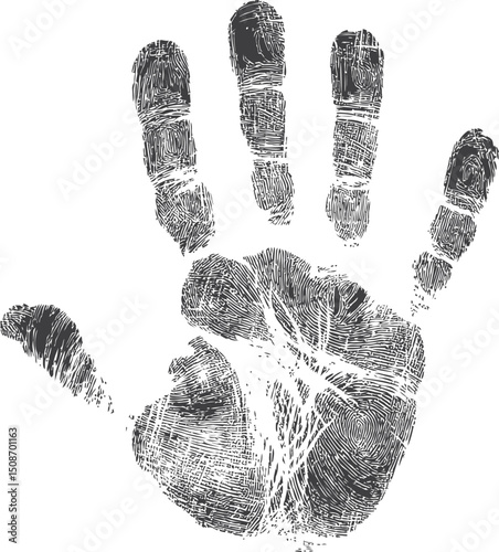 Black and white detailed handprint with fingerprint textures, digital artwork. Vector illustration
