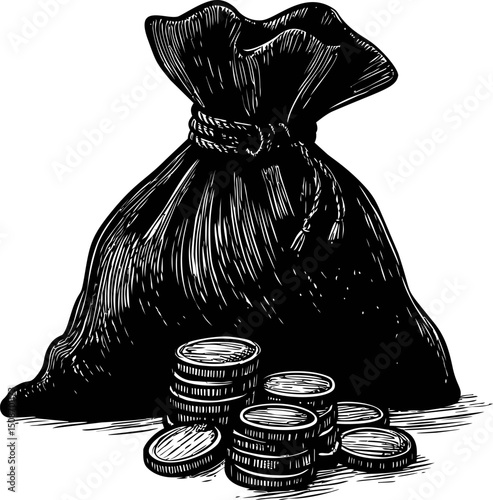 Sack of coins in vintage illustration style with detailed shading. Vector illustration
