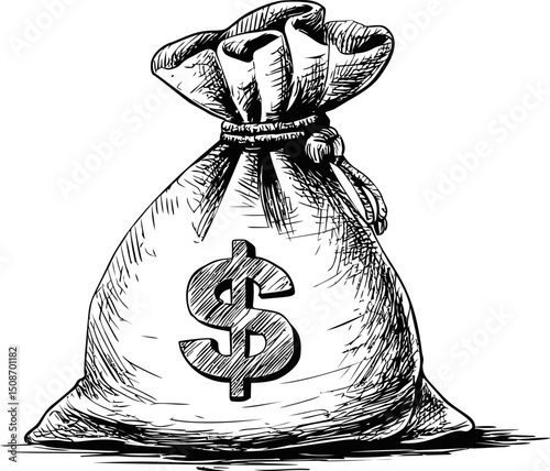 Black and white drawing of a money sack with dollar sign, financial concept. Vector illustration