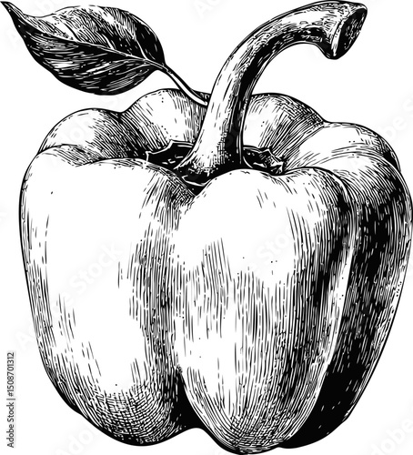 Detailed black and white illustration of a bell pepper with leaf. Vector illustration