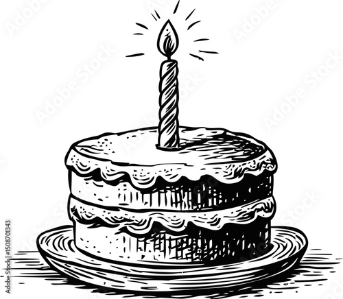 Black and white drawing of a birthday cake with a lit candle on a plate. Vector illustration