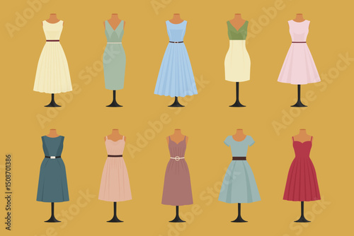 retro pastel dress set on mannequins vector illustration.