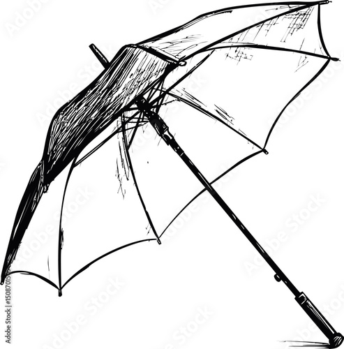 Black and white sketch of an open umbrella with detailed shading effects. Vector illustration