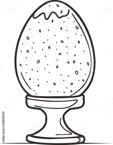 Line drawing of an ornate chocolate egg on a stand with speckles. Vector illustration