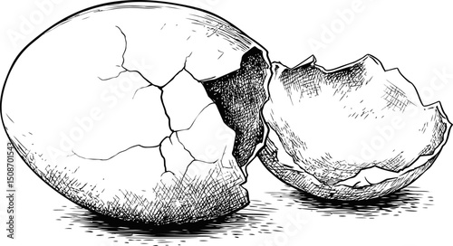 Detailed black and white sketch of cracked eggshells with intricate shading. Vector illustration