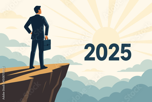 Visionary Person Standing on Cliff Edge Overlooking Vast Landscape at Sunset, Inspirational Silhouette Illustration for Outdoor Adventure and Motivation Concepts