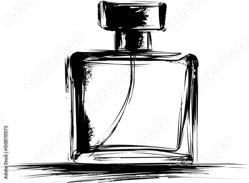 Black and white sketch of a perfume bottle with artistic brush strokes. Vector illustration