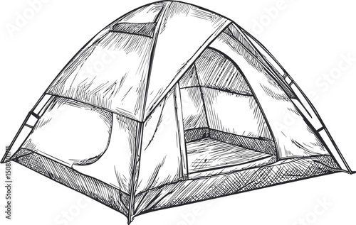 Illustrated black and white camping tent sketch with open door. Vector illustration