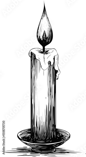 Black and white illustration of a melting candle on a holder, ink drawing. Vector illustration