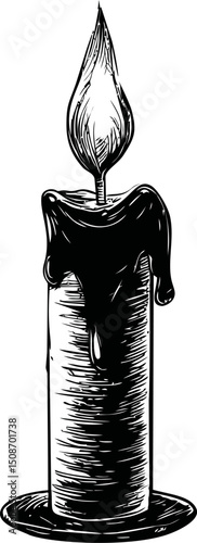 Illustration of a black and white melting candle with flame on a holder. Vector illustration