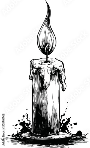 Black and white illustration of a melting candle with a tall flame. Vector illustration