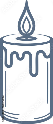 Simple blue line drawing of a candle with a flame and melting wax. Vector illustration