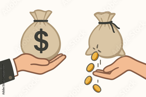 Conceptual vector illustration contrasting wealth and poverty, showcasing social inequality and economic disparity through symbolic graphics and visual metaphors in modern design