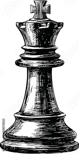 Engraved black and white chess king piece illustration, artistic rendering. Vector illustration