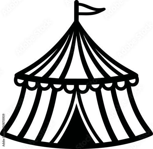 Black and white illustration of a circus tent with flag, minimalist art. Vector illustration