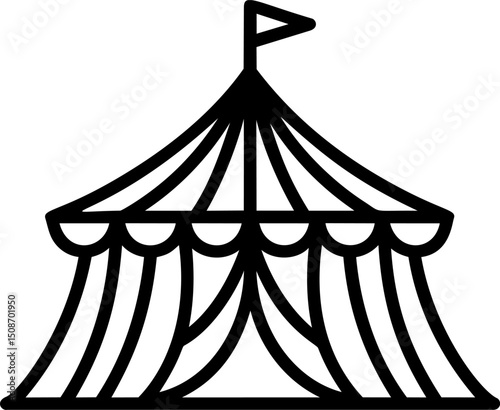 Simple black and white line drawing of a circus tent with a small flag. Vector illustration