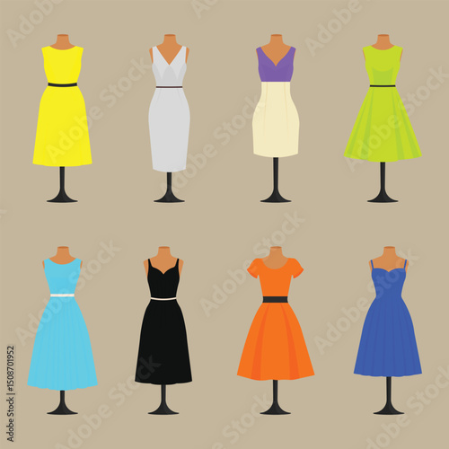 bold colorful dresses collection on mannequins vector illustration.