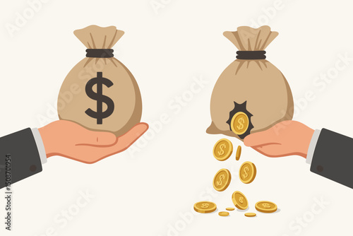 Conceptual Illustration of Financial Success and Failure with Hands Holding Money Bags, Showing Wealth Retention Versus Poverty and Loss, Business Risk and Economic Crisis Metaphor