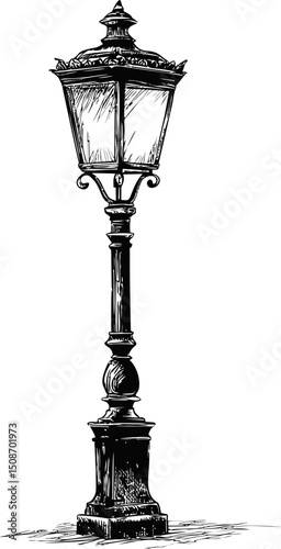 Black and white sketch of vintage street lamp post, elegant art concept. Vector illustration