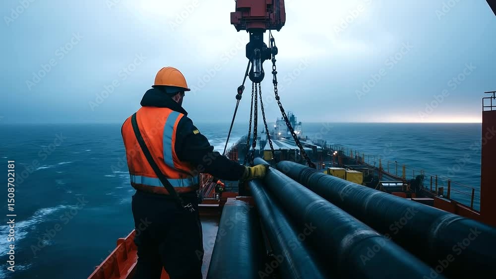 Crane operator lifting huge metal pipe sections onto main deck, ocean stretching into misty distance