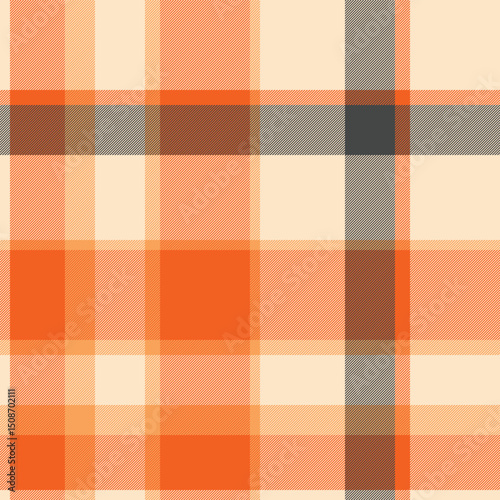 Vibrant autumnal plaid pattern in warm orange, beige, and brown hues.  Perfect for fallthemed designs, textile prints, website backgrounds, or packaging.