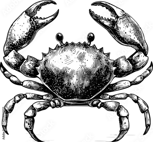 Detailed black and white illustration of a crab with raised claws in vintage style. Vector illustration