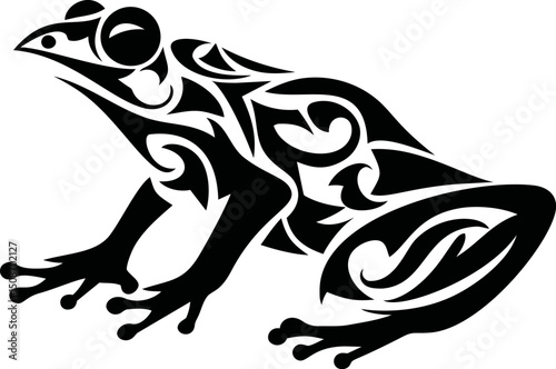 Tribal style black and white frog illustration with detailed patterns. Vector illustration