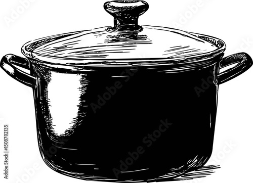 Vintage black and white sketch of a large cooking pot with lid and handles. Vector illustration