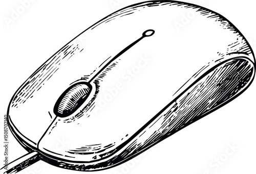 Black and white sketch of a computer mouse with detailed line work. Vector illustration
