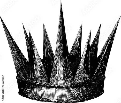 Detailed black and white illustration of a spiky medieval crown. Vector illustration