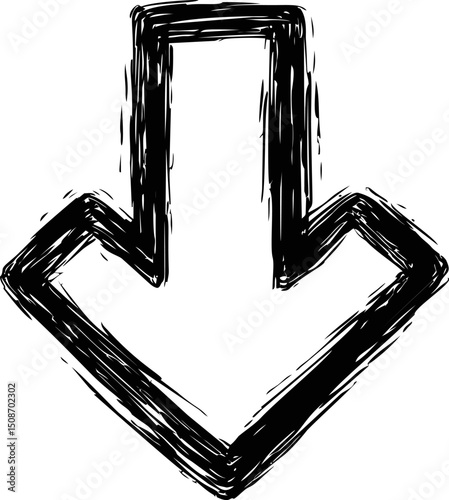 Grunge black brushstroke style downward arrow, sketchy textured simple design. Vector illustration