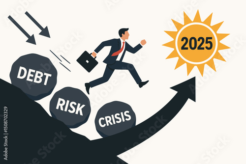 Overcoming Business Challenges Concept Illustration with Motivated Entrepreneur Breaking Barriers and Achieving Success in Competitive Market Environment