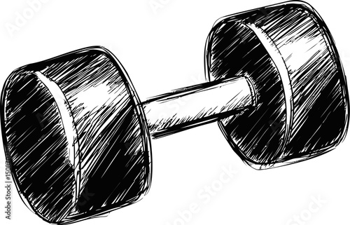 Sketched black and white illustration of a dumbbell with detailed shading. Vector illustration