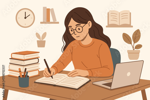 Student Exam Preparation Concept Illustration with Books, Laptop, Study Materials, Focused Learning Environment, Education and Academic Success Design