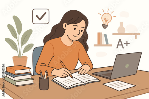 Focused Student Preparing for Exam with Study Materials and Laptop in Bright Modern Workspace, Concentrated Learning and Academic Success Concept