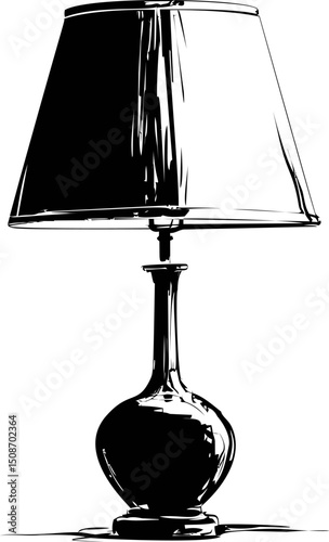 Black and white illustration of a classic lamp with shade on a flat surface. Vector illustration