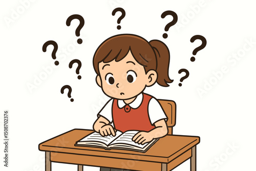 Confused Schoolgirl Sitting at Desk with Open Book and Question Marks Around Head Illustrating Learning Struggles, Curiosity, Education Challenge, Classroom Problem-Solving