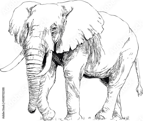 Detailed line drawing of an african elephant walking forward, black and white sketch. Vector illustration