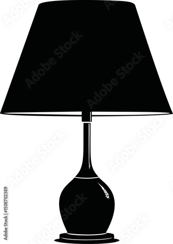 Silhouette of a classic table lamp with a dark lampshade, black and white vector. Vector illustration