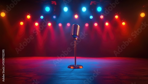 An empty stage with colorful lights and an old-fashioned microphone, creating the perfect setting for an idol's performance.