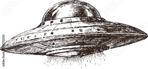 Vintage illustration of a UFO spaceship with beam in detailed sketch. Vector illustration