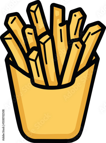 Cartoon illustration of crispy french fries in a yellow paper container. Vector illustration