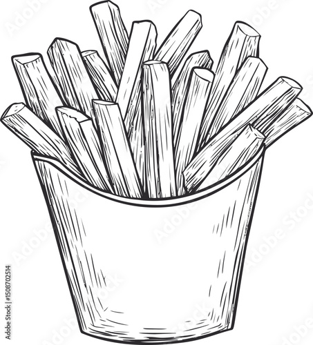 Sketch of crispy french fries in a paper cup, hand-drawn food illustration. Vector illustration